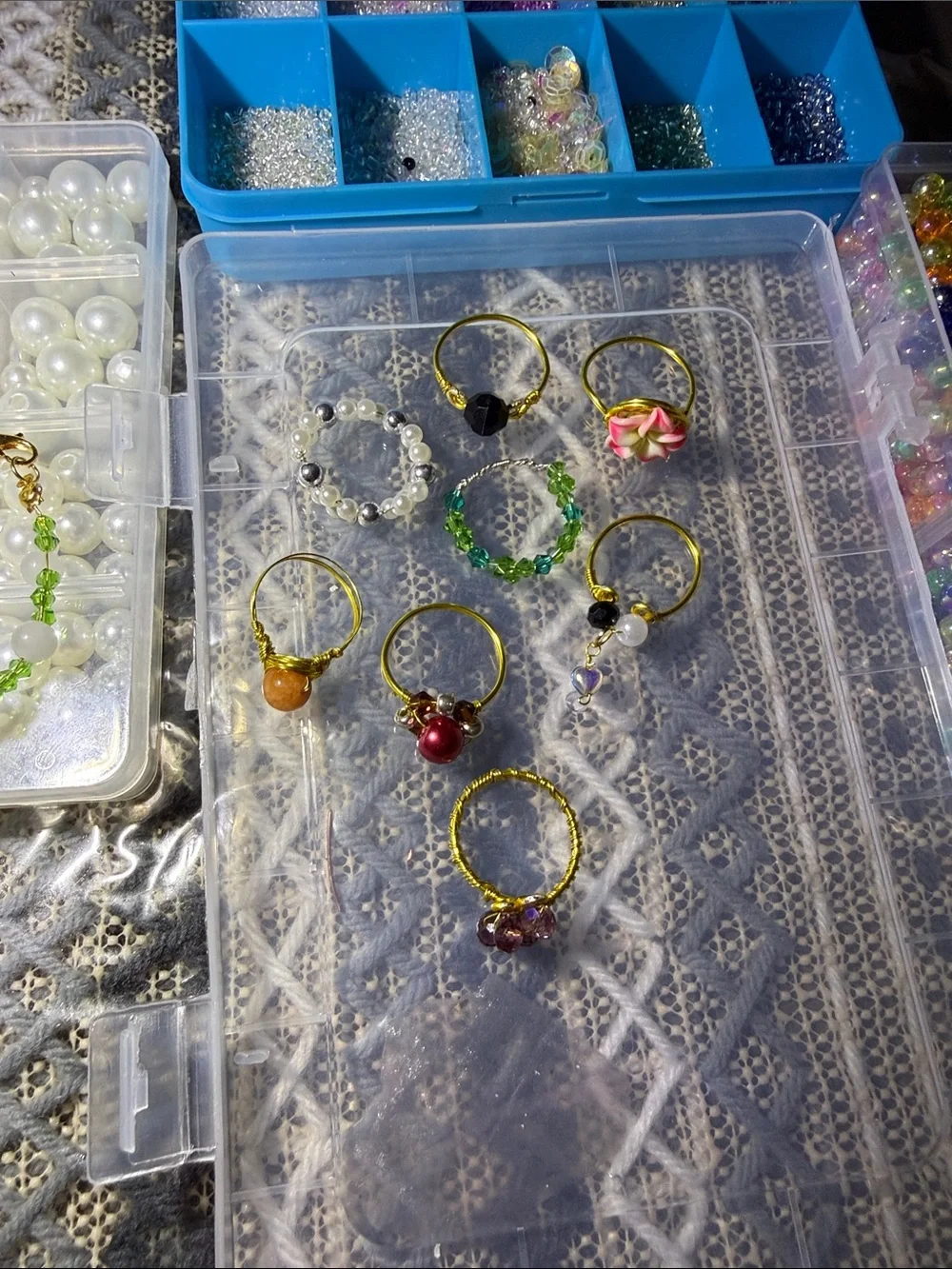 8 Handmade Gold-Tone Mixed Bead Rings - Assorted Colors different sizes
